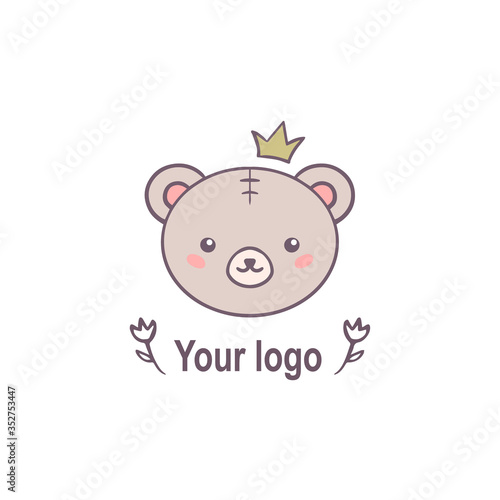 Logo design for kid toys store  boutique with happy teddy bear character isolated on white background. Baby accessory boutique emblem design. Vector illustration.