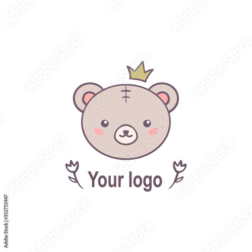 Logo design for kid toys store, boutique with happy teddy bear character isolated on white background. Baby accessory boutique emblem design. Vector illustration.