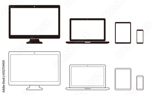 パソコン、タブレット、スマートフォンのシンプルイラスト