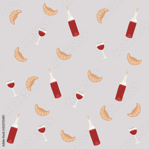 Vector seamless pattern with wine and croissant. French theme, beige background