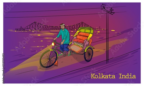 Howrah Bridge of Kolkata, City in West Bengal. cycle rickshaw kolkata illustration night view