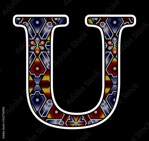 initial capital letter U with colorful dots. Abstract design inspired in mexican huichol beaded craft art style. Isolated on black background