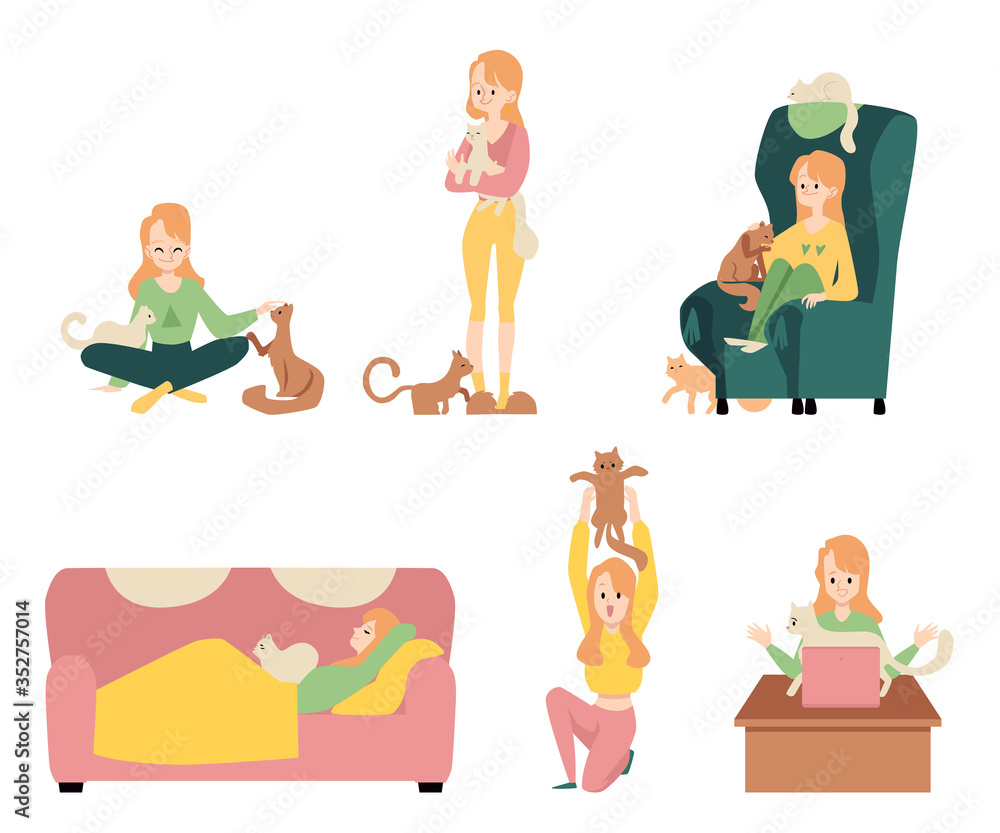 Set of young girls and cats flat vector illustration isolated on background. - obrazy, fototapety, plakaty 