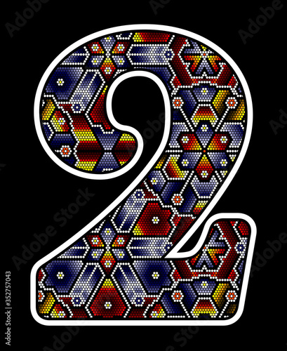 number 2 with colorful dots. Abstract design inspired in mexican huichol beaded art style. Isolated on black background