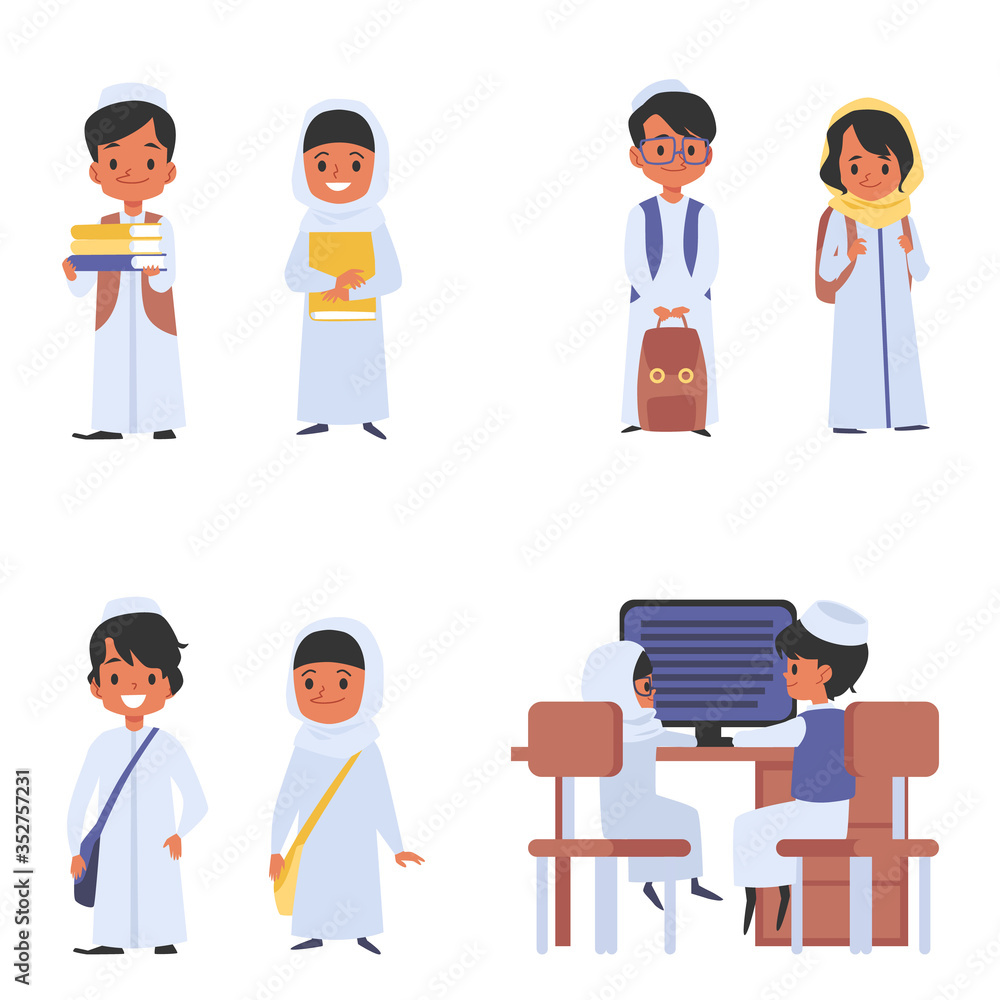 Set of muslim or arabian children at school flat vector illustration isolated.