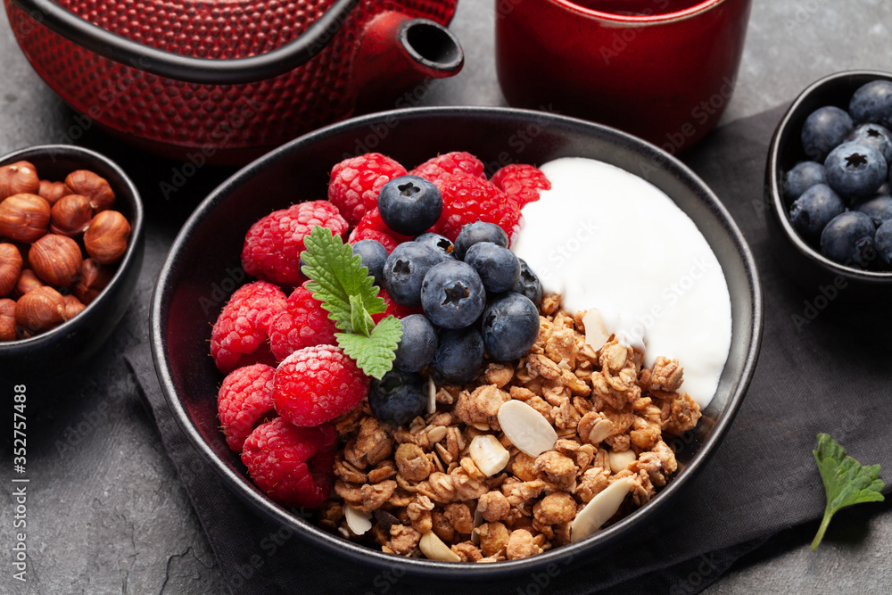 Healthy breakfast with granola, yogurt and berries Healthy breakfast with granola, yogurt and berries