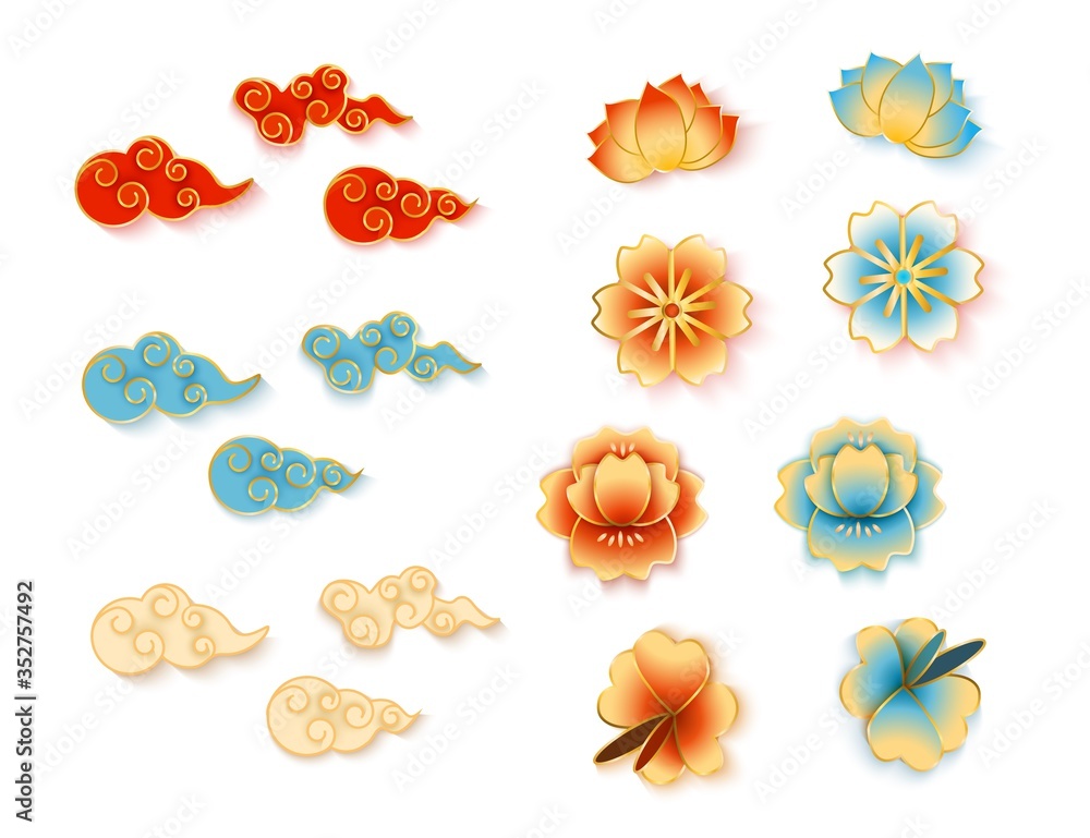 Set of Chinese decorative clouds and flowers in paper or enamel realistic style