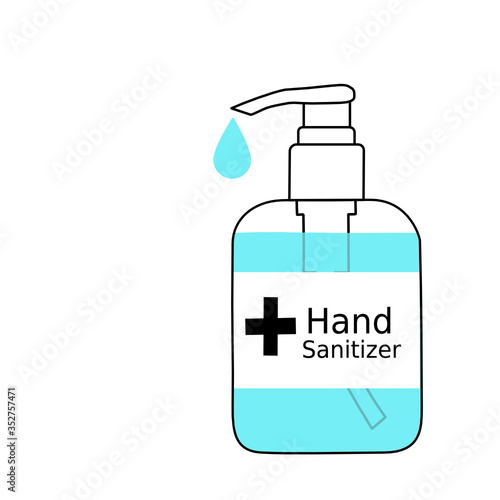 Hand sanitizer pump bottle and drop. Disease prevention method. Avoid germs infection by using alcohol gel. Disinfectant product. Stop spreading contagious. Outline style. Advertisement. Public info.