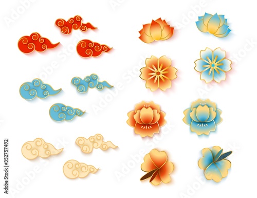 Set of Chinese decorative clouds and flowers in paper or enamel realistic style