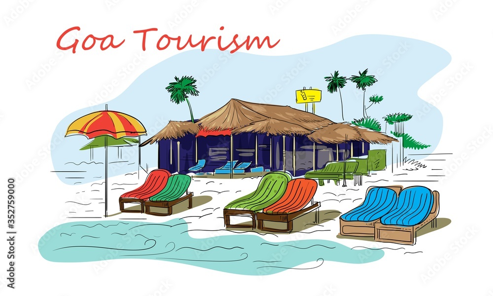 Goa tourism beach landscape illustration vector - obrazy, fototapety, plakaty 