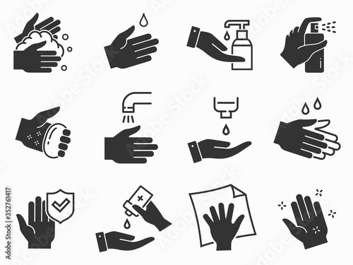 Hand washing icons set. Black vector illustration.