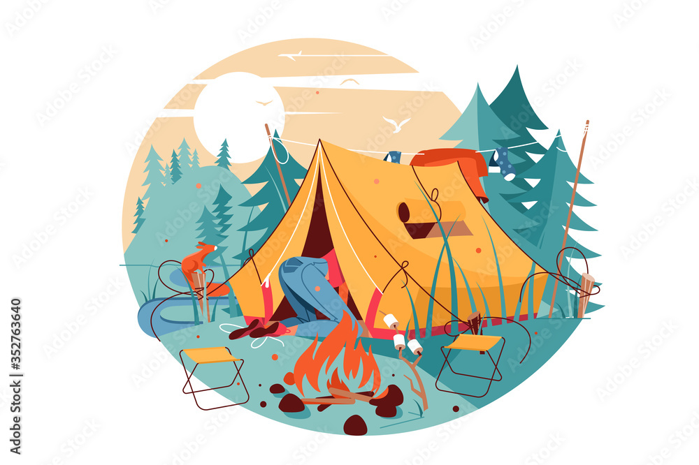 Attractive woman searching in hike tent near bonfire.