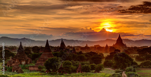 Sunset over ancient Bagan Temples in Myanmar