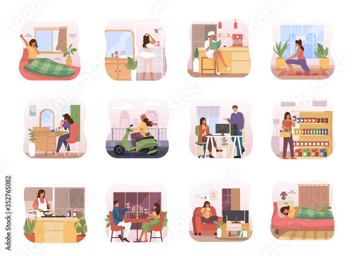 Daily routine of a woman. Set of daily life scenes. Sleeping, eating, working, exercise, grocery shopping. Flat cartoon character illustration