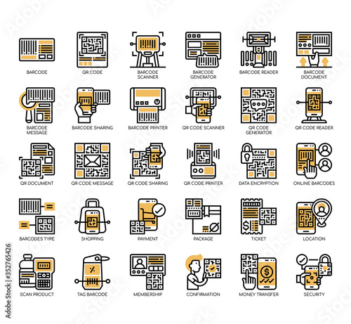 Set of barcode and qr code thin line and pixel perfect icons for any web and app project.