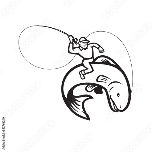 Fly Fisherman Riding Trout Fish Cartoon Black and White