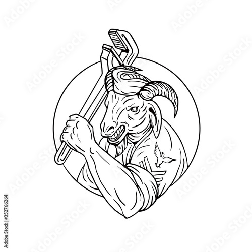 Navy Goat Holding Pipe Wrench Circle Black and White