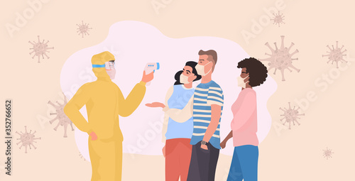 specialist in hazmat suit checking body temperature of mix race people for coronavirus symptoms covid-19 pandemic concept horizontal portrait vector illustration