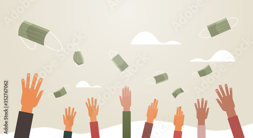 mix race hands throwing medical masks coronavirus win defeated covid-19 girl celebrating victory over nCoV virus ending pandemic quarantine concept horizontal copy space vector illustration