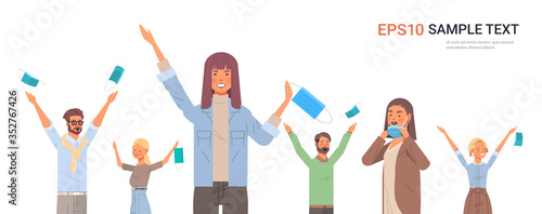 people holding medical masks coronavirus win defeated covid-19 men women celebrating victory over nCoV virus ending pandemic quarantine concept portrait copy space horizontal vector illustration