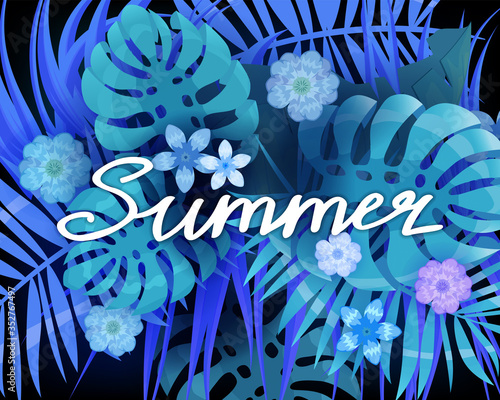 Summer trendy neon tropical leaves exotical plants palm jungle leaf lettering