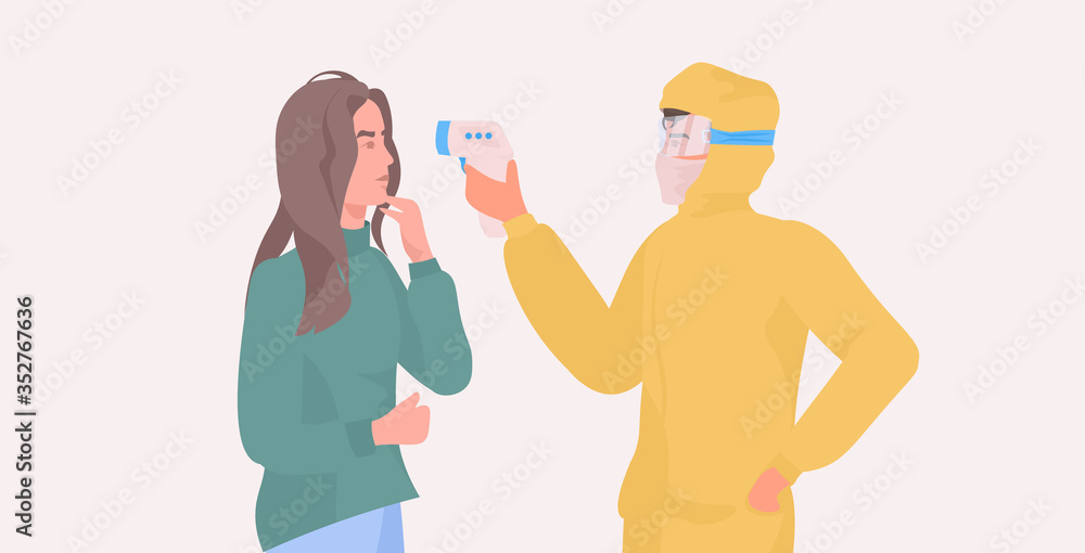 specialist in hazmat suit checking body temperature of woman for coronavirus symptoms covid-19 pandemic concept horizontal portrait vector illustration specialist in hazmat suit checking body temperature of woman for coronavirus symptoms covid-19 pandemic concept horizontal portrait vector illustration