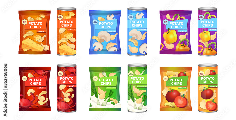 set potato chips with different flavors advertising composition of crisps potatoes and packagings collection horizontal vector illustration