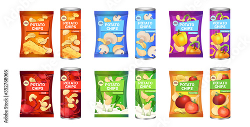 set potato chips with different flavors advertising composition of crisps potatoes and packagings collection horizontal vector illustration