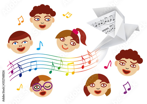 Children's Choir and paper dove with musical notes. 
Stylized Illustration of Children's Choir with origami pigeon and wave with musical notes. Isolated on white background. Vector available.