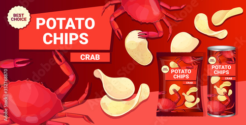 potato chips with crab flavor advertising composition of crisps natural potatoes and packaging ads design template horizontal vector illustration
