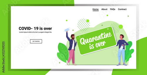 mix race men holding board quarantine is ending coronavirus win people celebrating victory over covid-19 horizontal copy space full length vector illustration