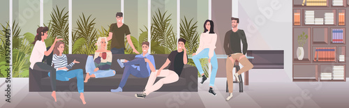 group of happy friends spending time together men women sitting on sofa having fun living room interior horizontal full length vector illustration