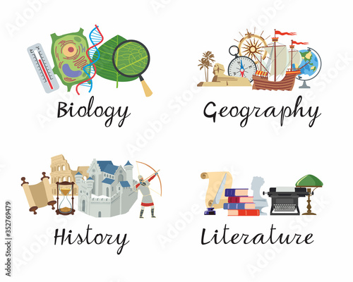 A set of academic disciplines. Biology, Geography, History, Literature for school notebooks. Vector color graphics