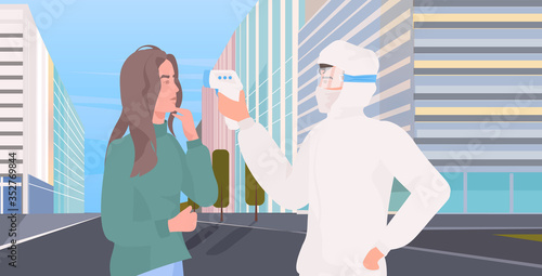 specialist in hazmat suit checking body temperature of woman for coronavirus symptoms covid-19 pandemic concept cityscape background horizontal portrait vector illustration
