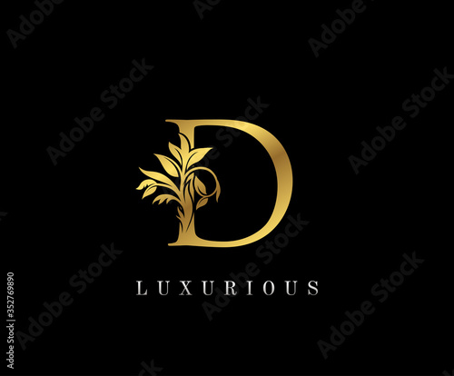 Classy Golden D Letter Floral logo. Vintage drawn emblem for book design, weeding card, label, business card, Restaurant, Boutique, Hotel.