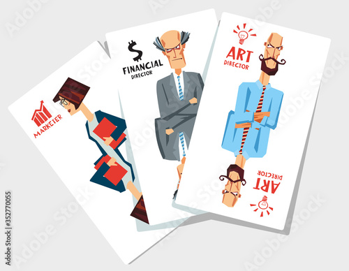 Set of office professions in the form of playing cards. A grotesquely drawn marketer, financial director and art director. Cartoon hand vector graphics