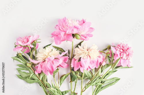 a summer bouquet. pink flowers on a white background. flat lay, top view