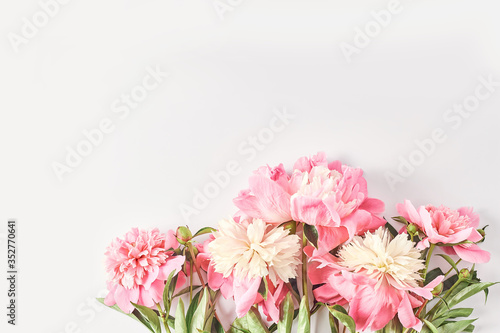 wedding concept. beautiful peonies on a white background. simple layout for an invitation. space for text, flat lay