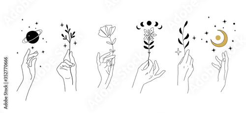 Set of modern minimalistic tattoos in boho design. Magical drawing of hands and flowers, plants, planets, moon. Modern elements for a wedding decor. Vector illustration