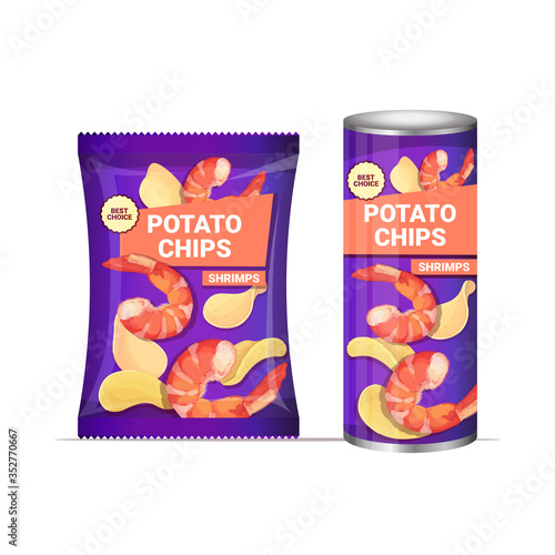potato chips with shrimps flavor crisps natural potatoes and packaging advertising design template isolated vector illustration