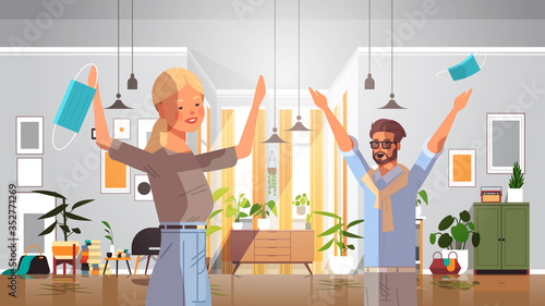people throwing medical masks coronavirus win defeated covid-19 men women celebrating victory over nCoV ending pandemic quarantine concept horizontal portrait vector illustration