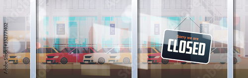 sorry we are closed sign hanging outside business office store shop or restaurant coronavirus pandemic quarantine bankruptcy commerce crisis concept horizontal vector illustration