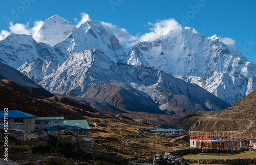Housing and lodge to rest in . Ama Dablam mountain rang , Khumbu valley, Sagarmatha national park, Everest area, Nepal, tracking way to mount Everest