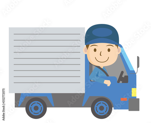 働く車と人物のイラスト｜トラックと笑顔のドライバーの男性｜物流運輸配達引越し