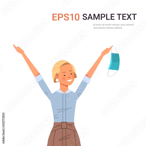 woman holding medical mask coronavirus win defeated covid-19 girl celebrating victory over nCoV virus ending pandemic quarantine concept portrait copy space vector illustration