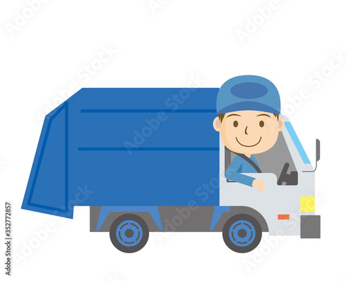 働く車と人物のイラスト｜ゴミ収集車と笑顔のドライバーの男性｜行政自治体