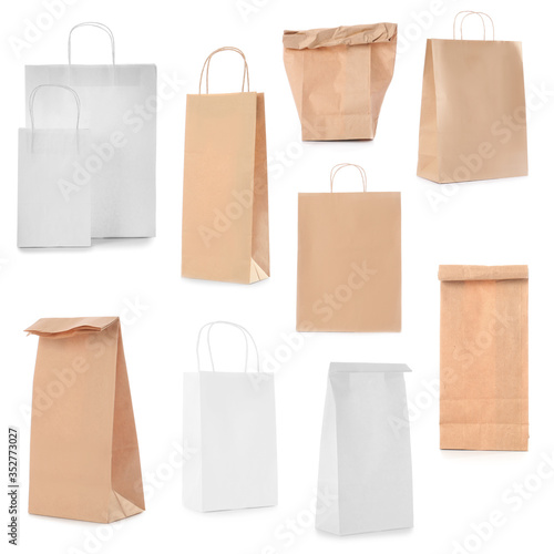 Set of blank paper bags on white background