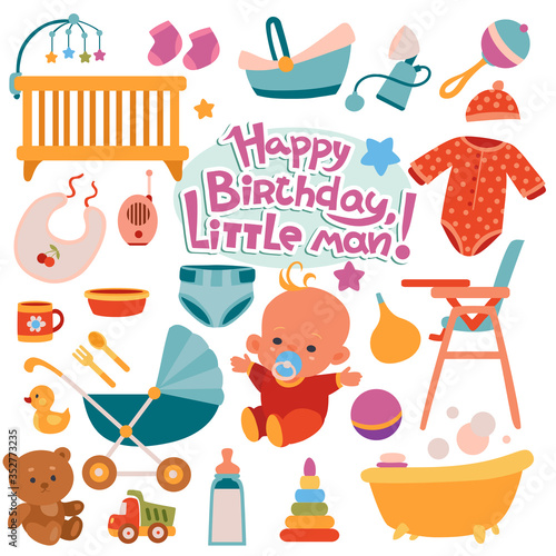 set of items for baby, stroller, crib, toys, food, flat, isolated object on a white background, vector illustration,