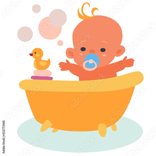 happy baby bathes in a bath with a yellow rubber duck, isolated object on a white background, vector illustration,