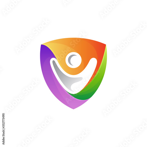 Shield human combination logo concept, childcare icon, people care and protection logo vector